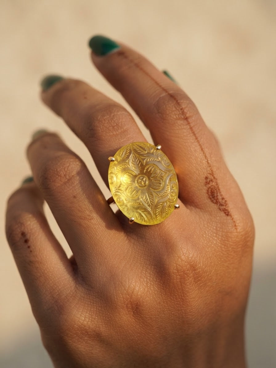 Citrāpuṣpa | Carved Lemon Quartz Floral Cocktail Ring in 22k Gold Plated
