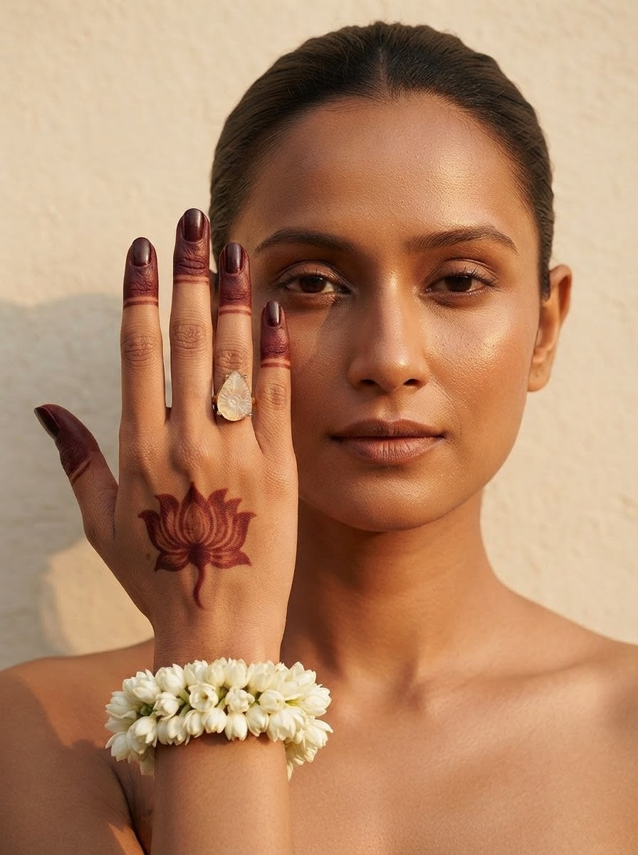 Candrāvarta | Carved White Rainbow Moonstone Spiral Cocktail Ring in 22k Gold Plated