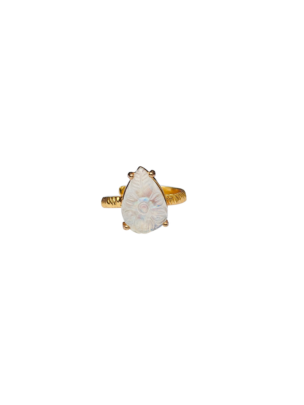Candrāvarta | Carved White Rainbow Moonstone Spiral Cocktail Ring in 22k Gold Plated