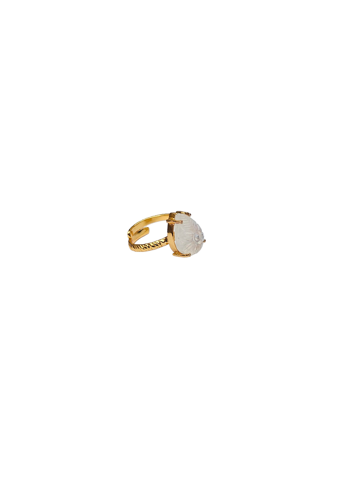Candrāvarta | Carved White Rainbow Moonstone Spiral Cocktail Ring in 22k Gold Plated
