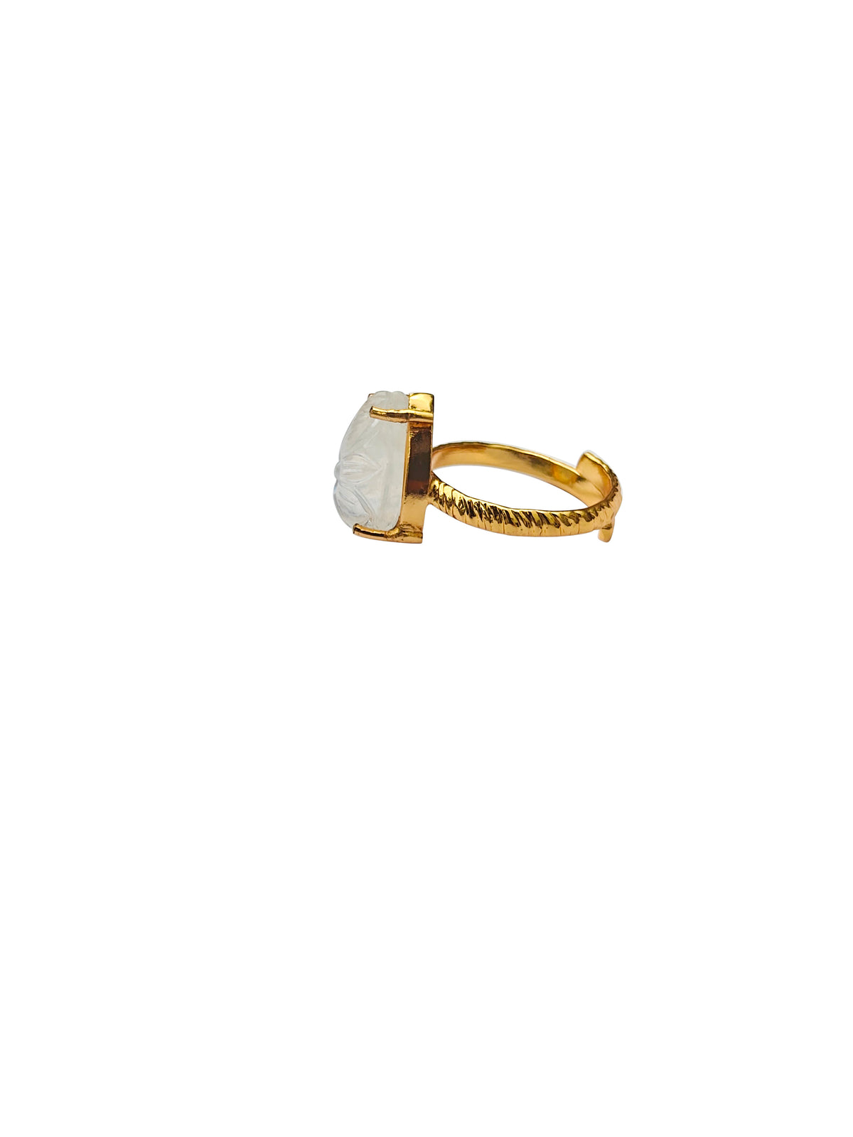 Candrāvarta | Carved White Rainbow Moonstone Spiral Cocktail Ring in 22k Gold Plated