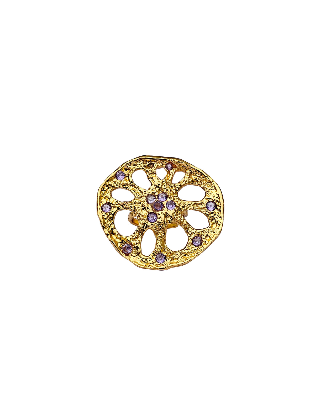 Mṛṇālamaṇi | Zircon & Gold Lotus Stem Cutwork Cocktail Ring in 22k Gold Plated