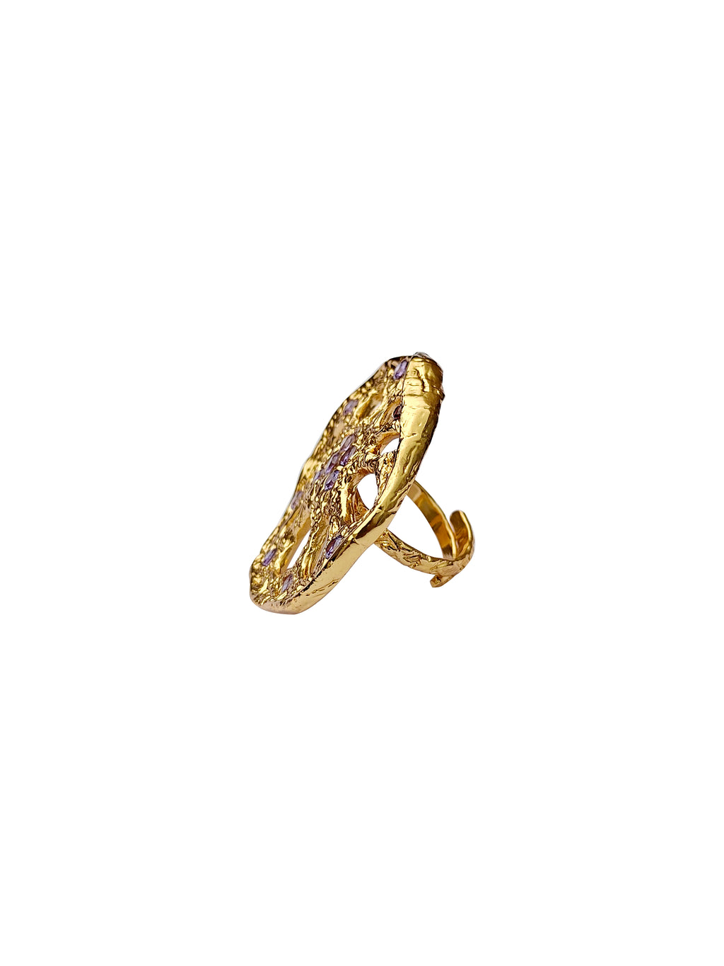 Mṛṇālamaṇi | Zircon & Gold Lotus Stem Cutwork Cocktail Ring in 22k Gold Plated