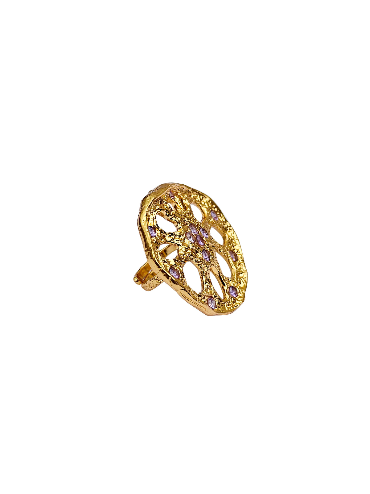 Mṛṇālamaṇi | Zircon & Gold Lotus Stem Cutwork Cocktail Ring in 22k Gold Plated