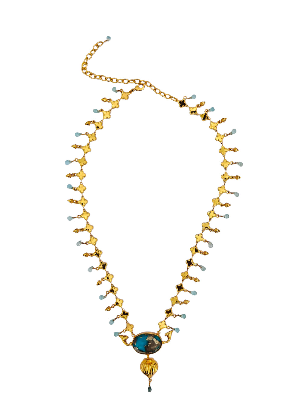 Pushpa Tara Kanthe | Quatrefoil Chain Turquoise & Aquamarine Necklace in 22k Gold Plated
