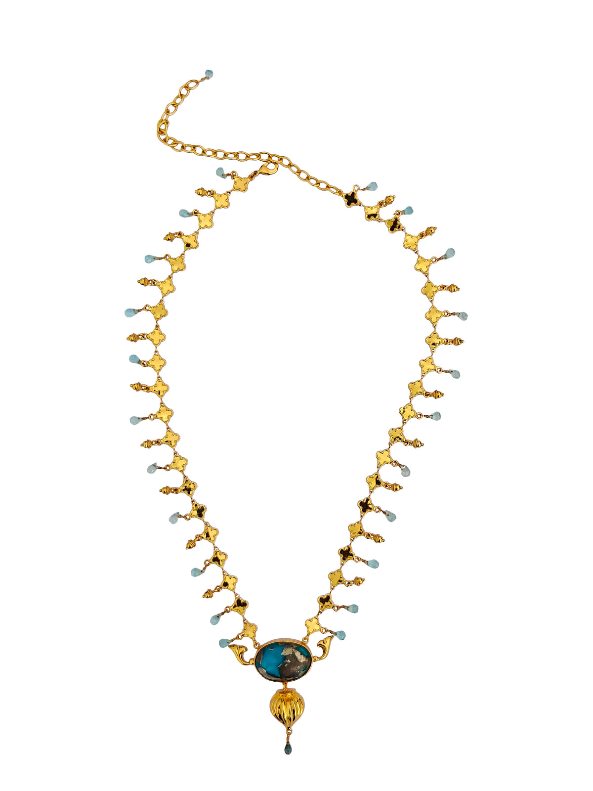 Pushpa Tara Kanthe | Quatrefoil Chain Turquoise & Aquamarine Necklace in 22k Gold Plated