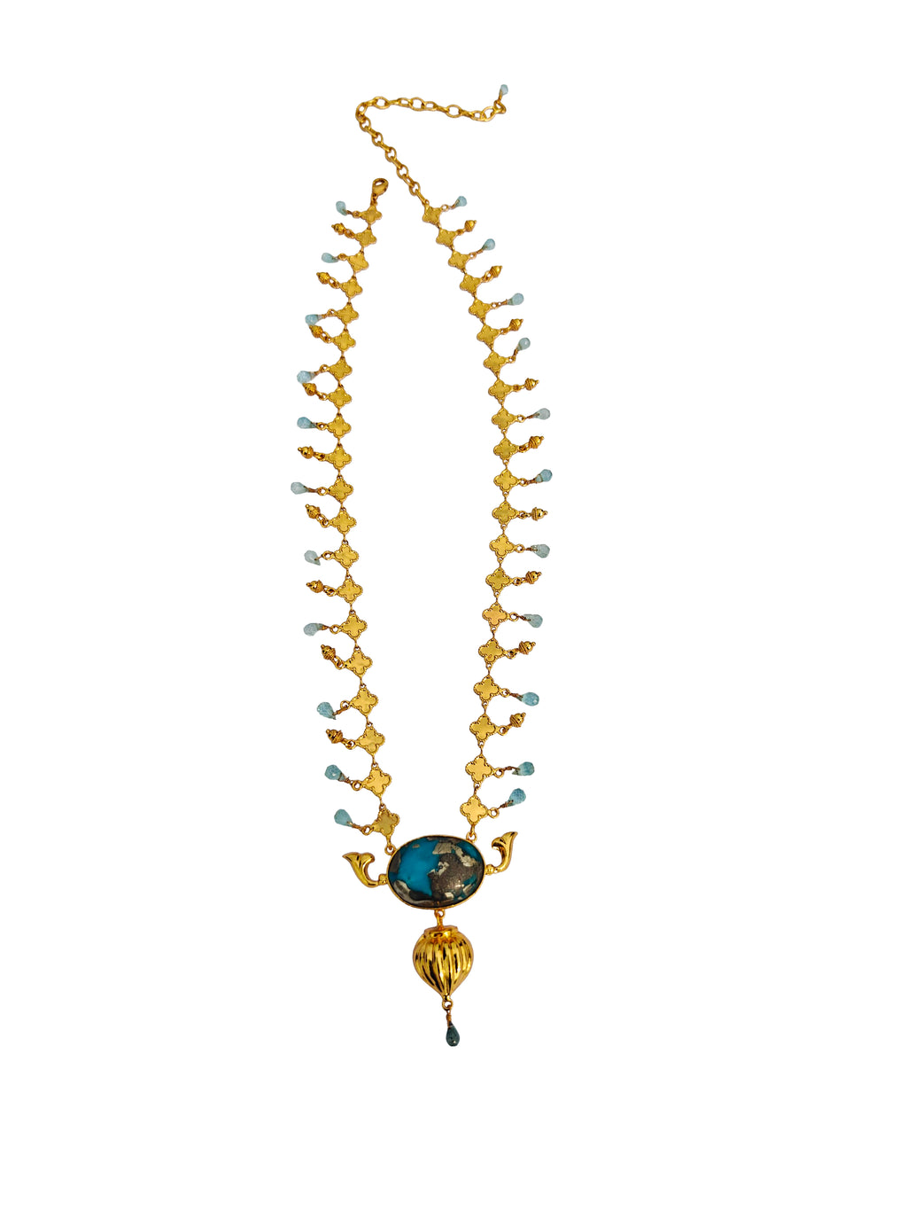 Pushpa Tara Kanthe | Quatrefoil Chain Turquoise & Aquamarine Necklace in 22k Gold Plated