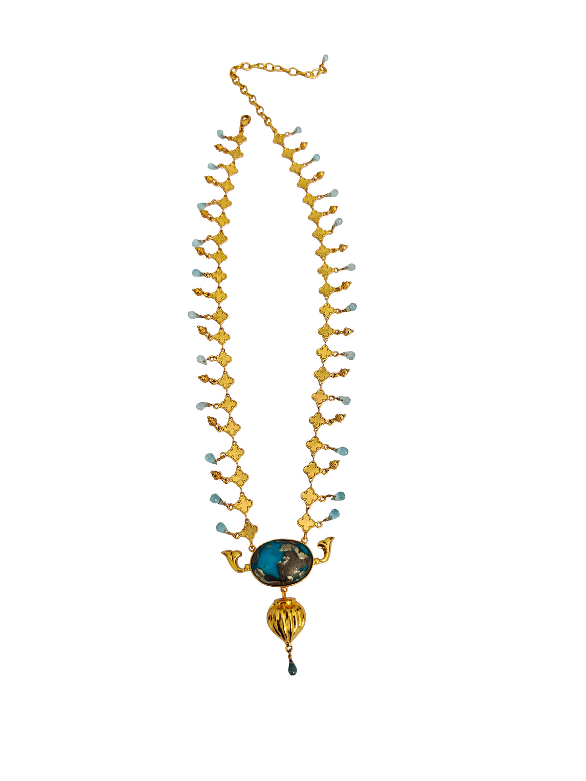 Pushpa Tara Kanthe | Quatrefoil Chain Turquoise & Aquamarine Necklace in 22k Gold Plated