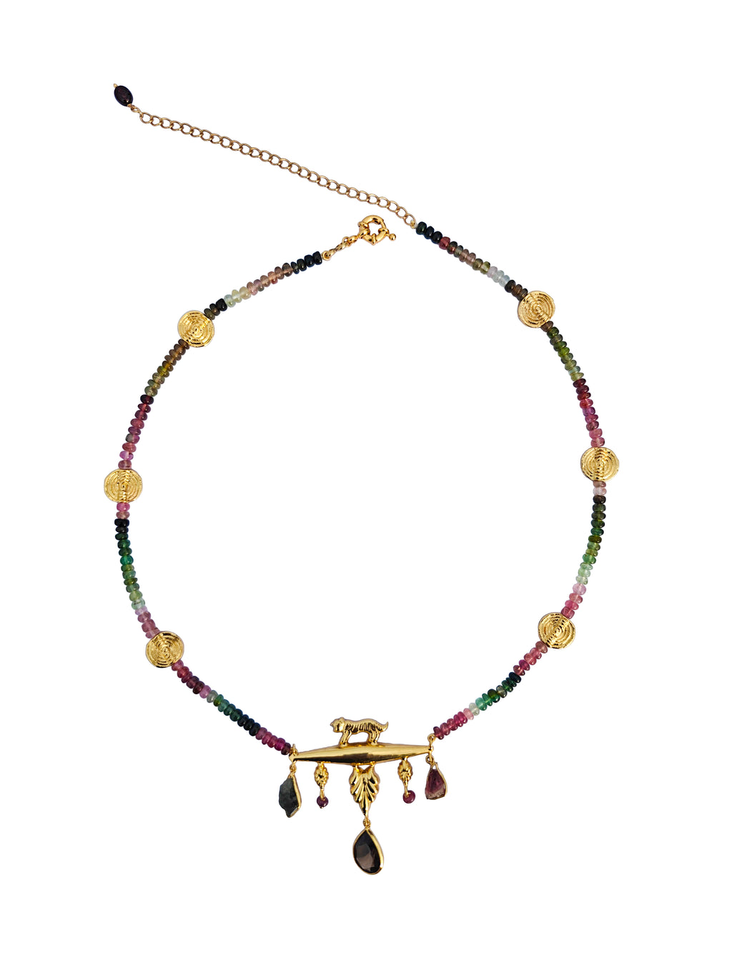 Vyāghramālā | Multi-Tourmaline, Smoky Quartz & Gold Tiger Pendant Necklace in 22k Gold Plated