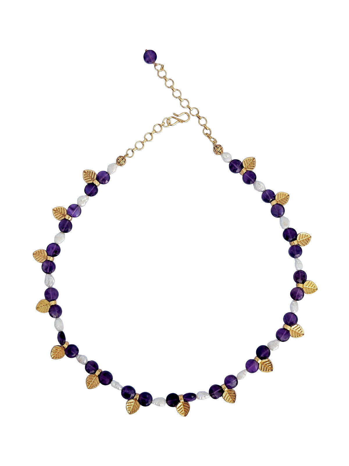 Jambuparni Haar | Amethyst & Freshwater Pearl Gold Leaf Charm Beaded Necklace