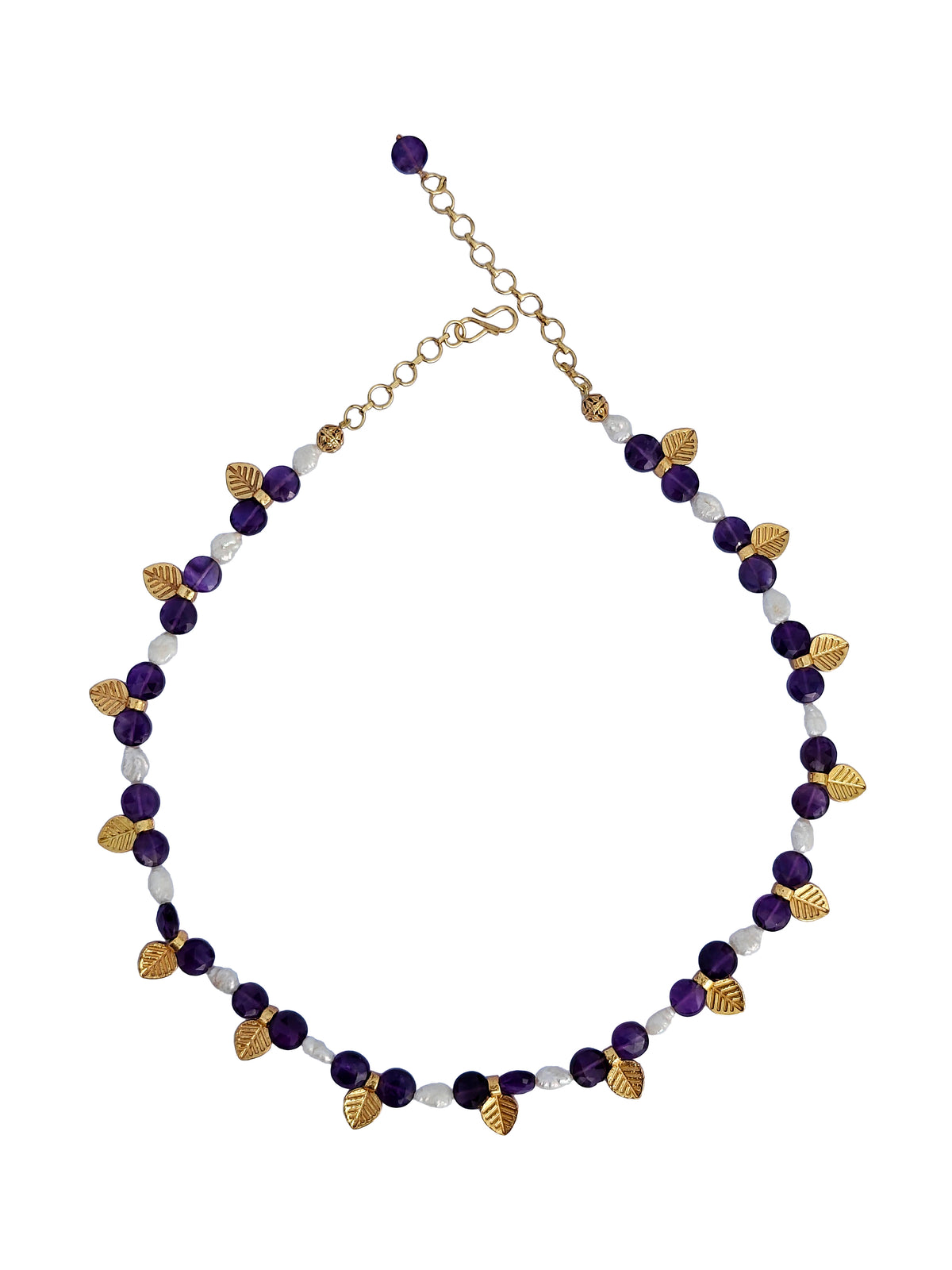 Jambuparni Haar | Amethyst & Freshwater Pearl Gold Leaf Charm Beaded Necklace