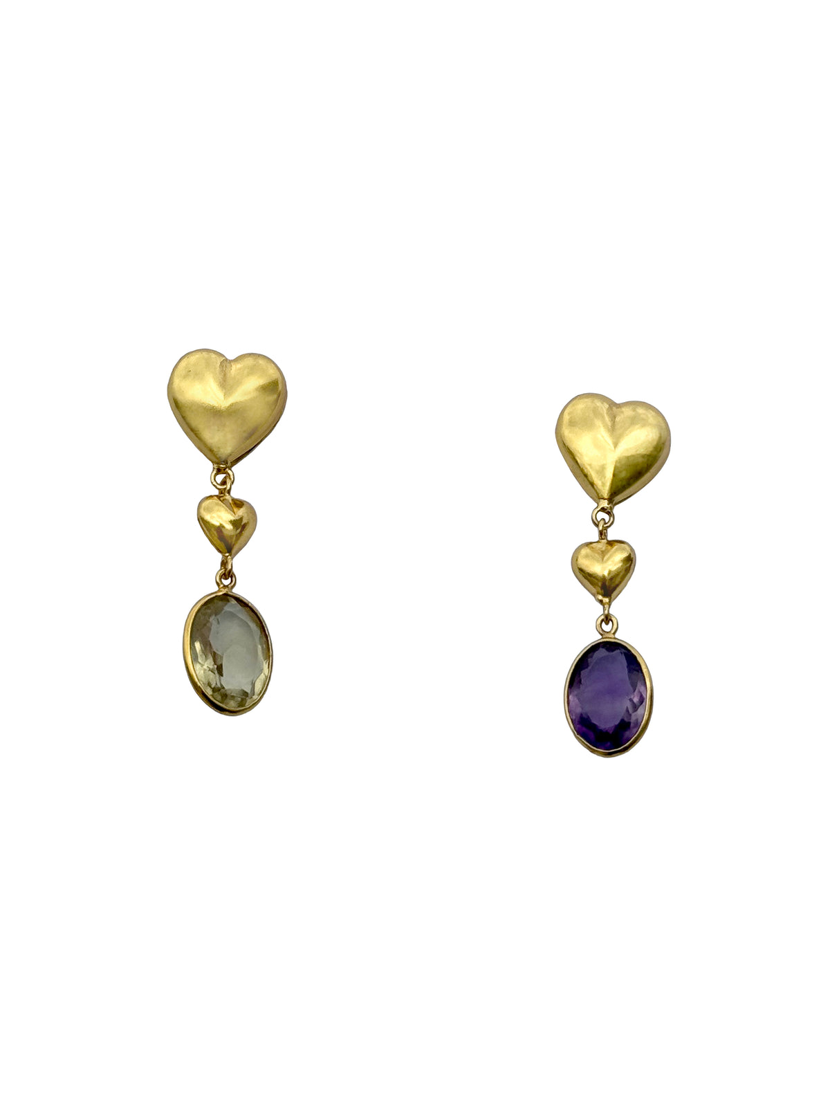 Dvihridaya | Lemon Quartz & Amethyst Mismatched Heart Drop Earrings in 22k Gold Plated