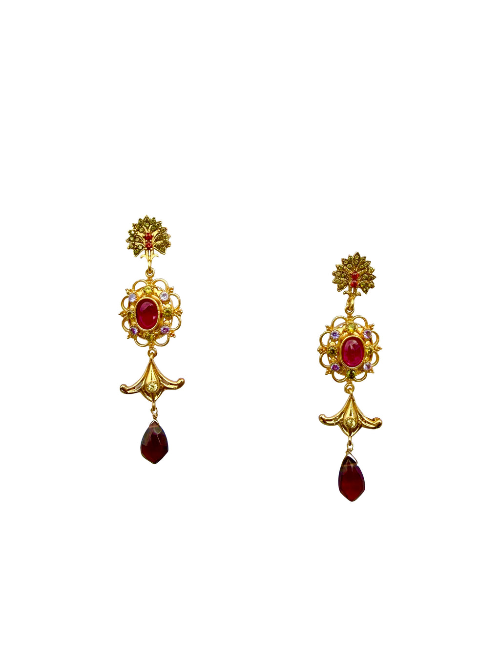 Raktaprabhā | Ruby, Garnet, Peridot & Crystal Quartz Antique Gold Temple Drop Earrings in 22k Gold Plated
