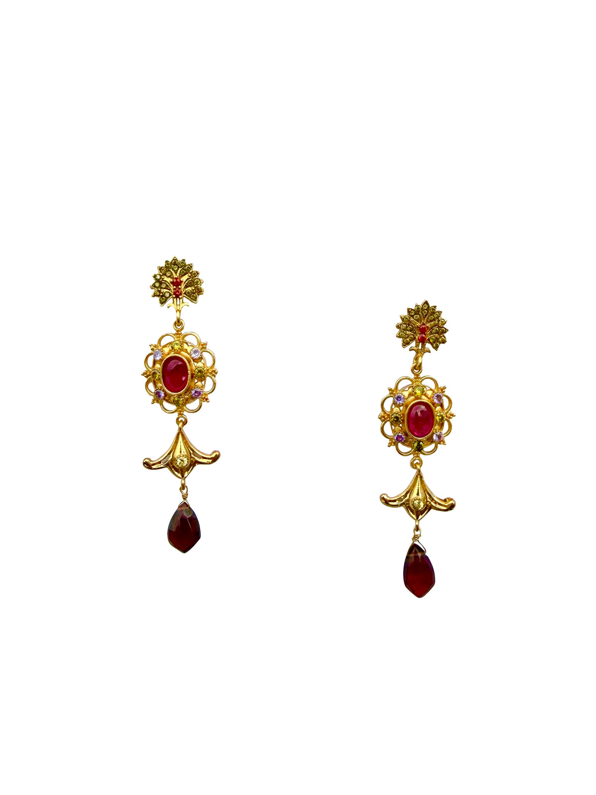 Raktaprabhā | Ruby, Garnet, Peridot & Crystal Quartz Antique Gold Temple Drop Earrings in 22k Gold Plated