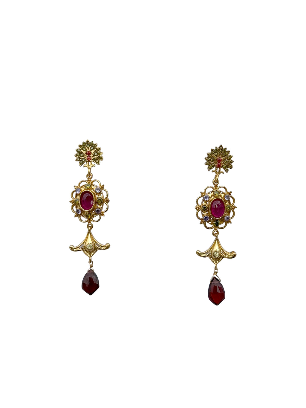 Raktaprabhā | Ruby, Garnet, Peridot & Crystal Quartz Antique Gold Temple Drop Earrings in 22k Gold Plated