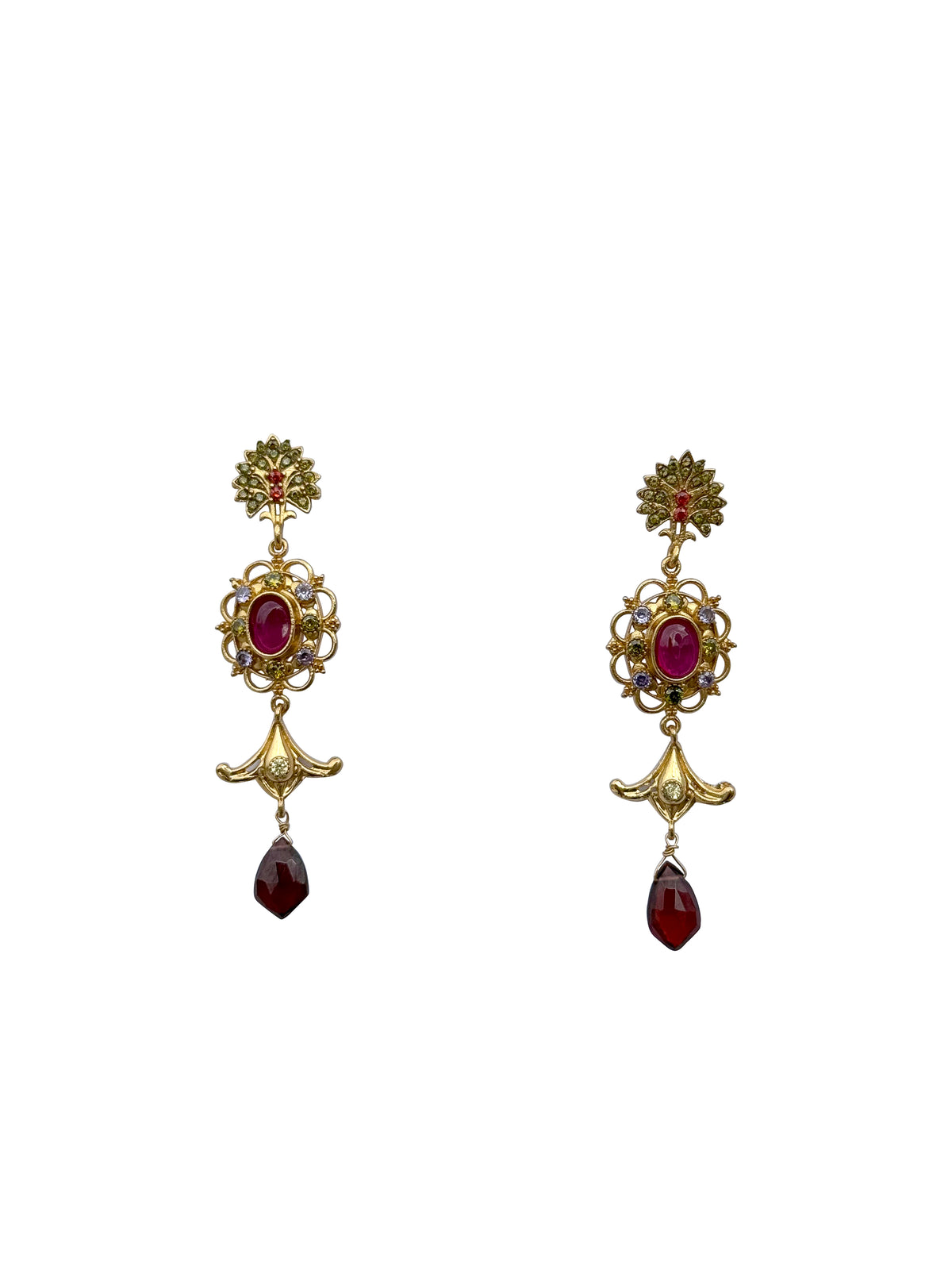 Raktaprabhā | Ruby, Garnet, Peridot & Crystal Quartz Antique Gold Temple Drop Earrings in 22k Gold Plated