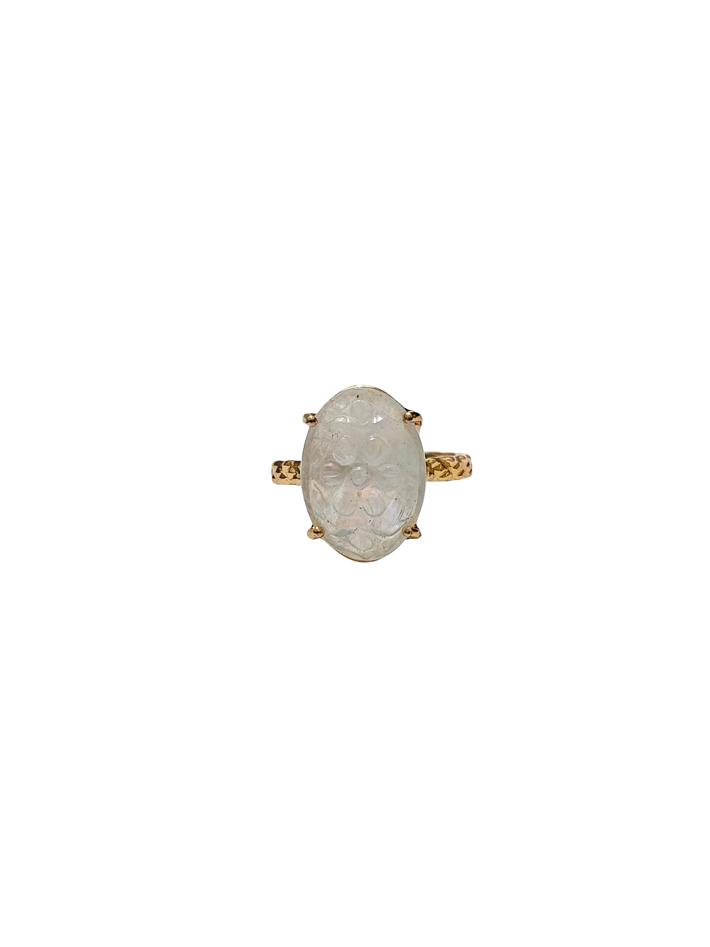 Chandrakānta | White Rainbow Moonstone Carved Oval Cocktail Ring in 22k Gold Plated
