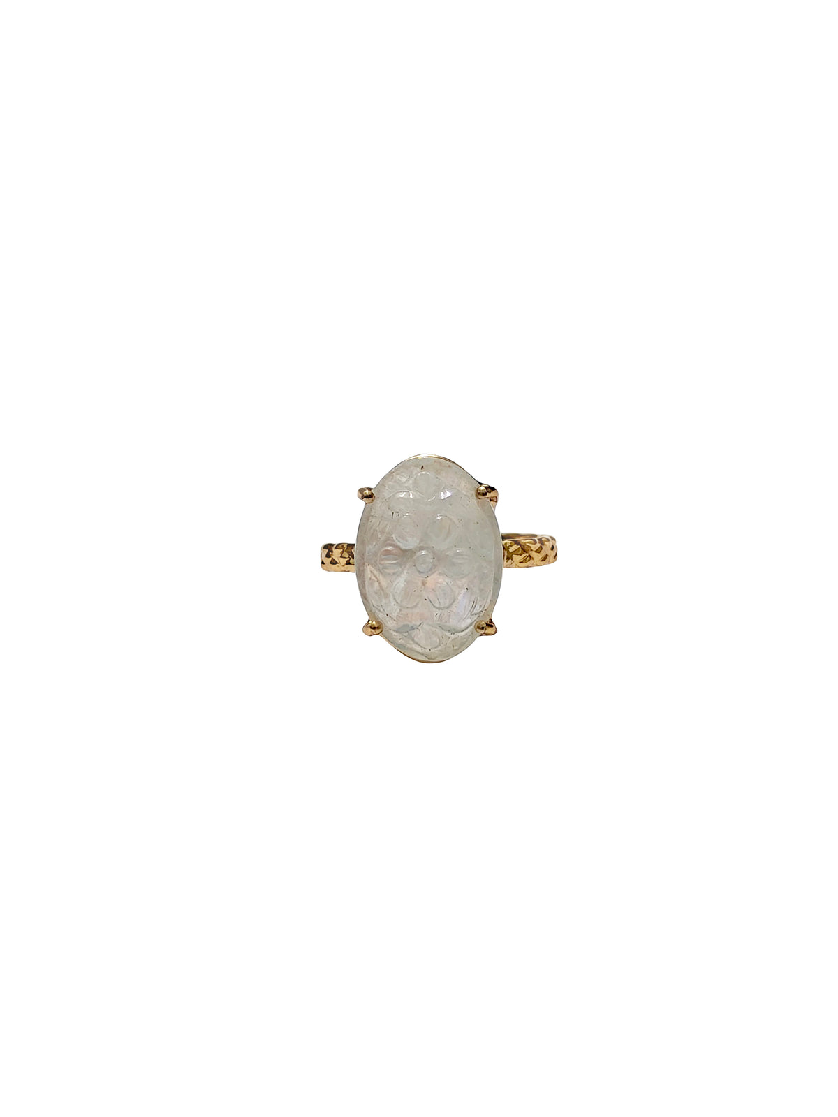 Chandrakānta | White Rainbow Moonstone Carved Oval Cocktail Ring in 22k Gold Plated
