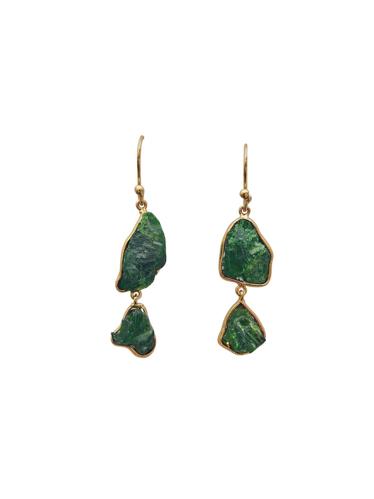 Marakatayugma | Raw Green Tourmaline Double-Slice Drop Earrings in 22k Gold Plated