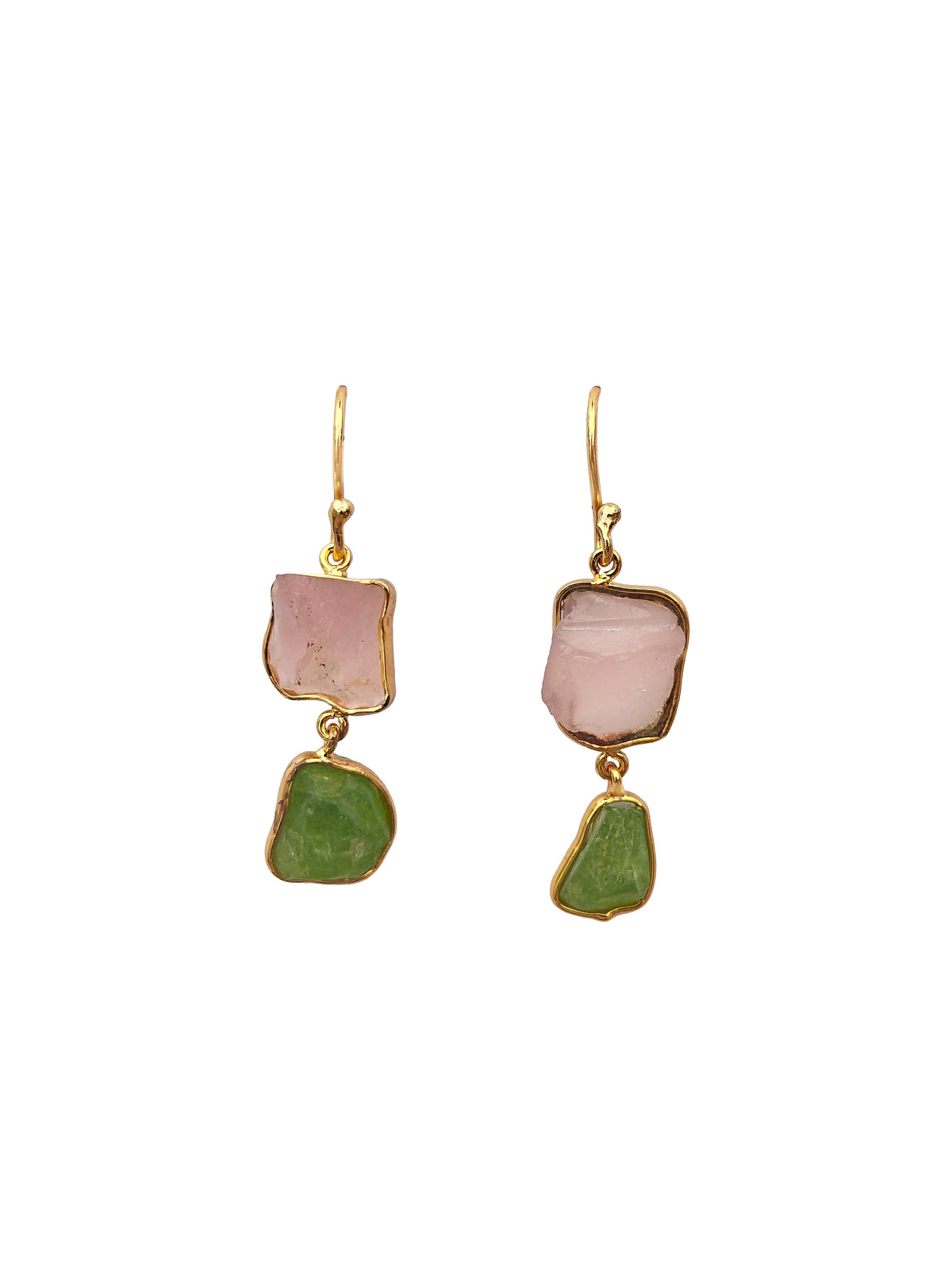 Sparshamaṇī | Raw Rose Quartz & Peridot Double Drop Earrings in 22k Gold Plated