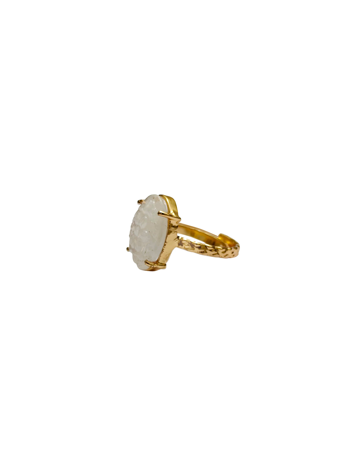 Chandrakānta | White Rainbow Moonstone Carved Oval Cocktail Ring in 22k Gold Plated