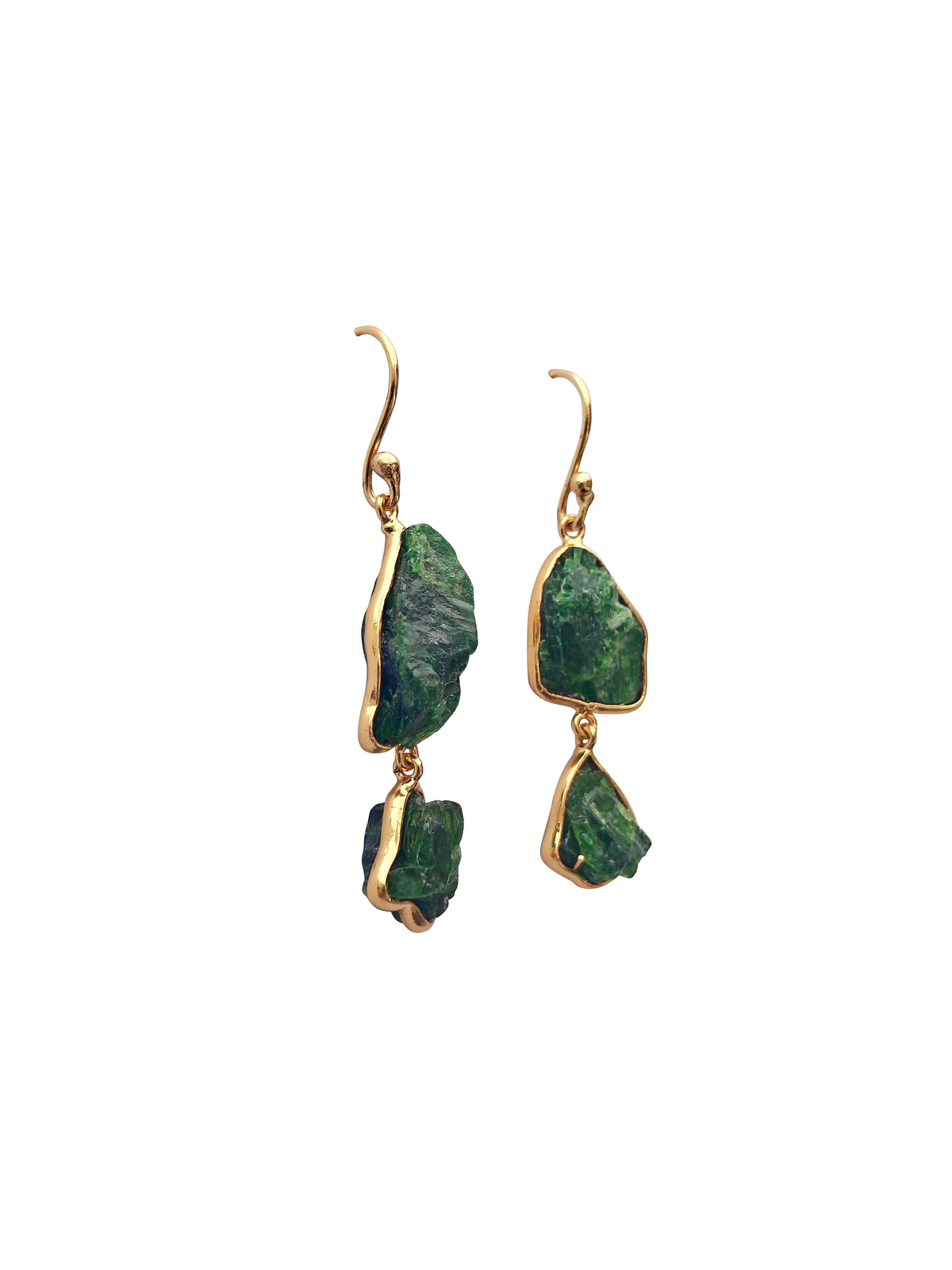 Marakatayugma | Raw Green Tourmaline Double-Slice Drop Earrings in 22k Gold Plated