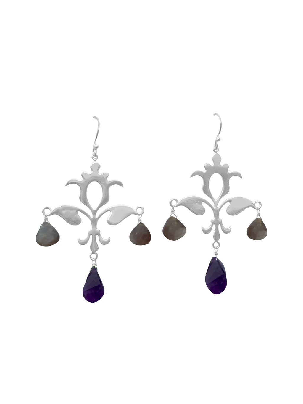 Kalavallī | Grey Moonstone & Amethyst Silver Arabesque Chandelier Drop Earrings in 925 Silver Plated