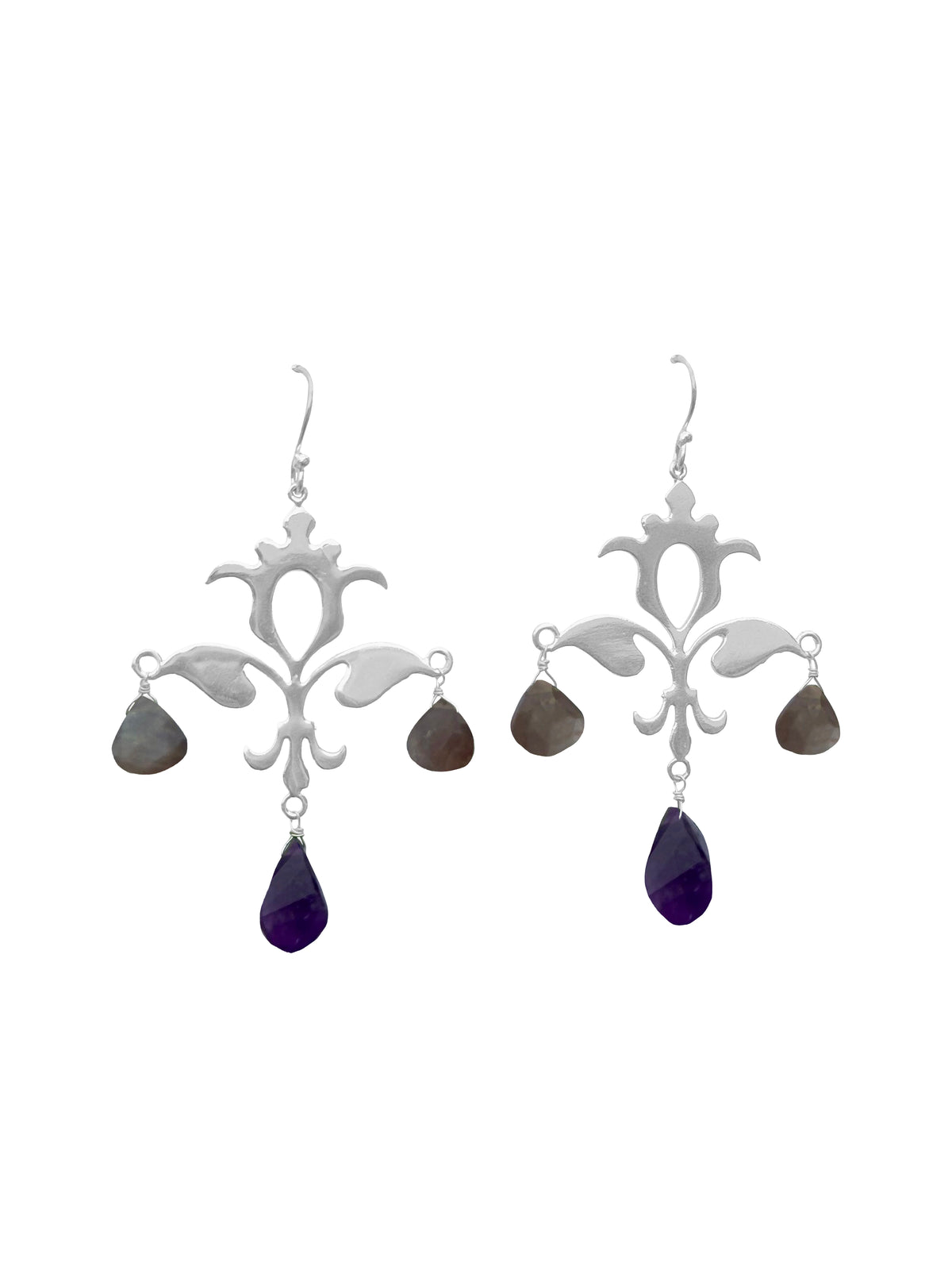 Kalavallī | Grey Moonstone & Amethyst Silver Arabesque Chandelier Drop Earrings in 925 Silver Plated
