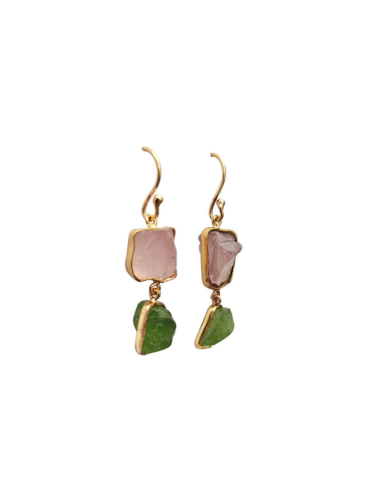 Sparshamaṇī | Raw Rose Quartz & Peridot Double Drop Earrings in 22k Gold Plated