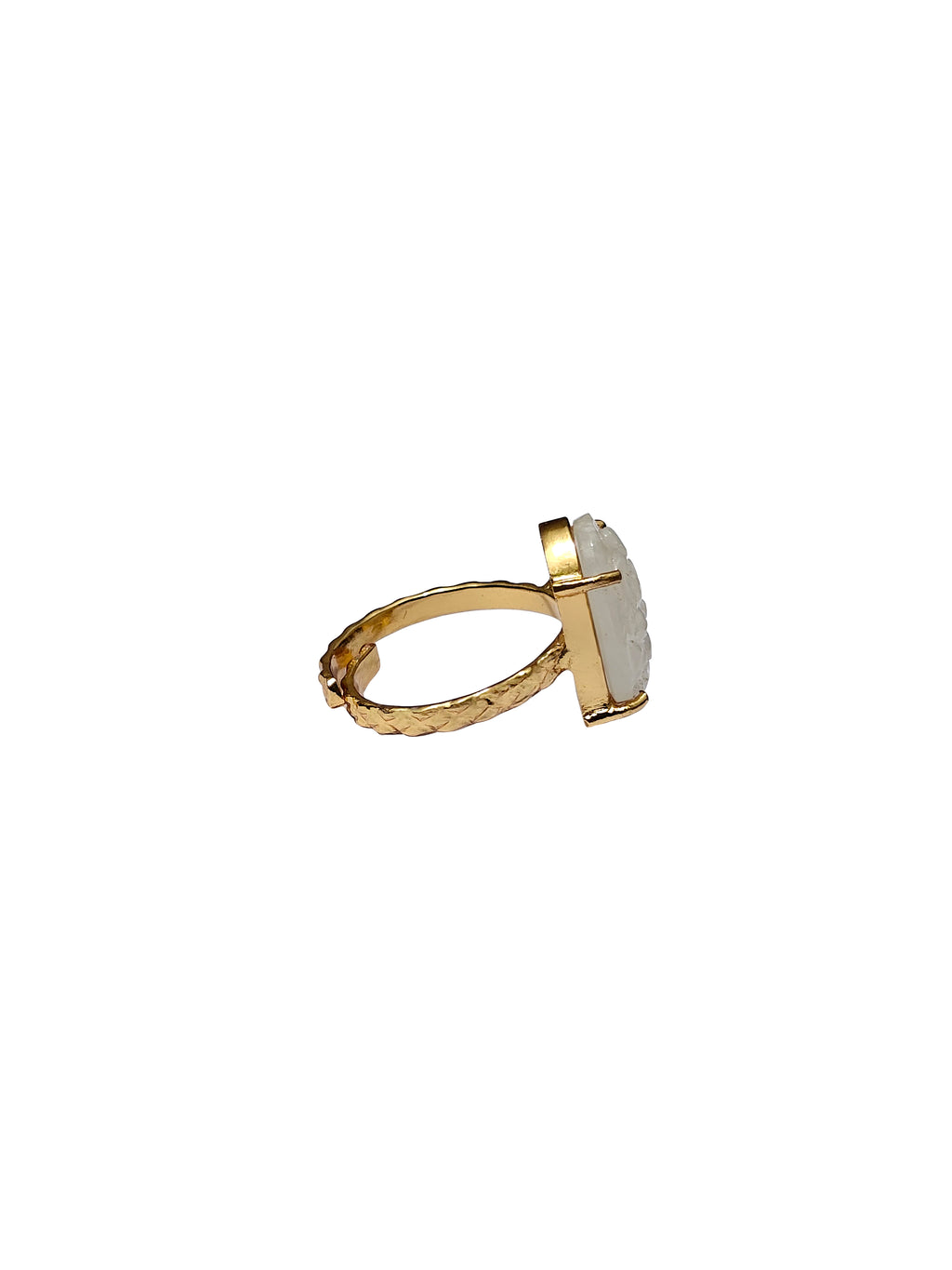 Chandrakānta | White Rainbow Moonstone Carved Oval Cocktail Ring in 22k Gold Plated