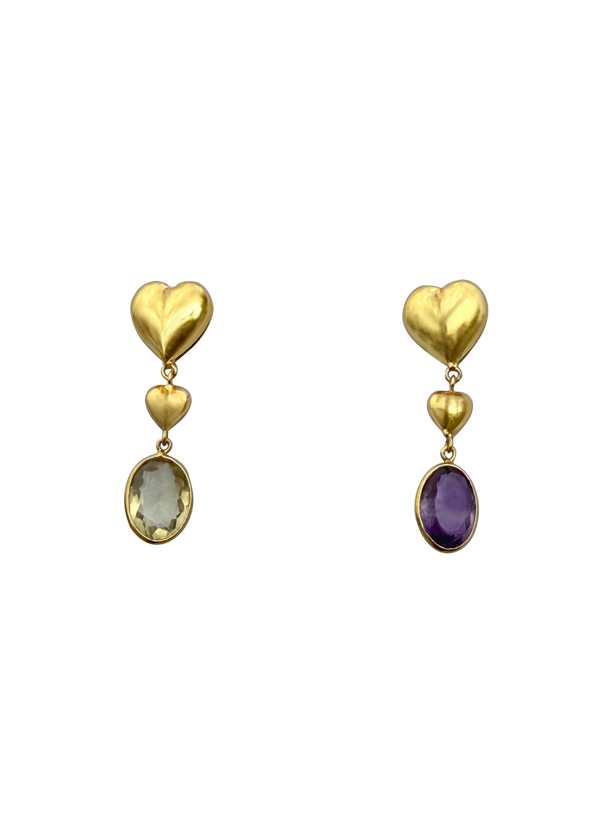 Dvihridaya | Lemon Quartz & Amethyst Mismatched Heart Drop Earrings in 22k Gold Plated