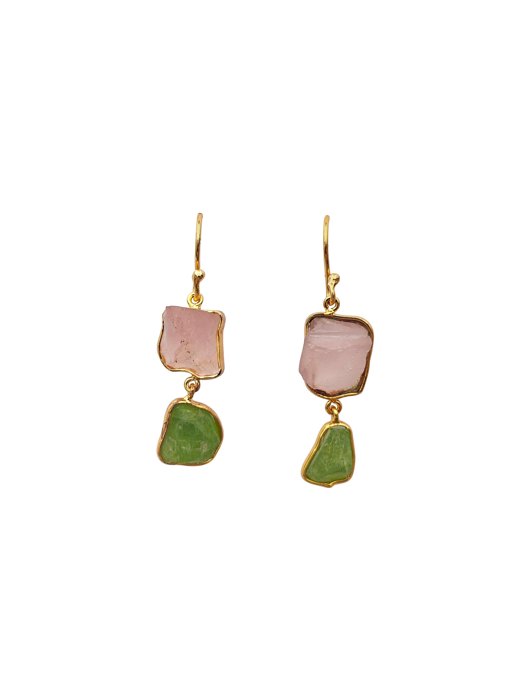 Sparshamaṇī | Raw Rose Quartz & Peridot Double Drop Earrings in 22k Gold Plated
