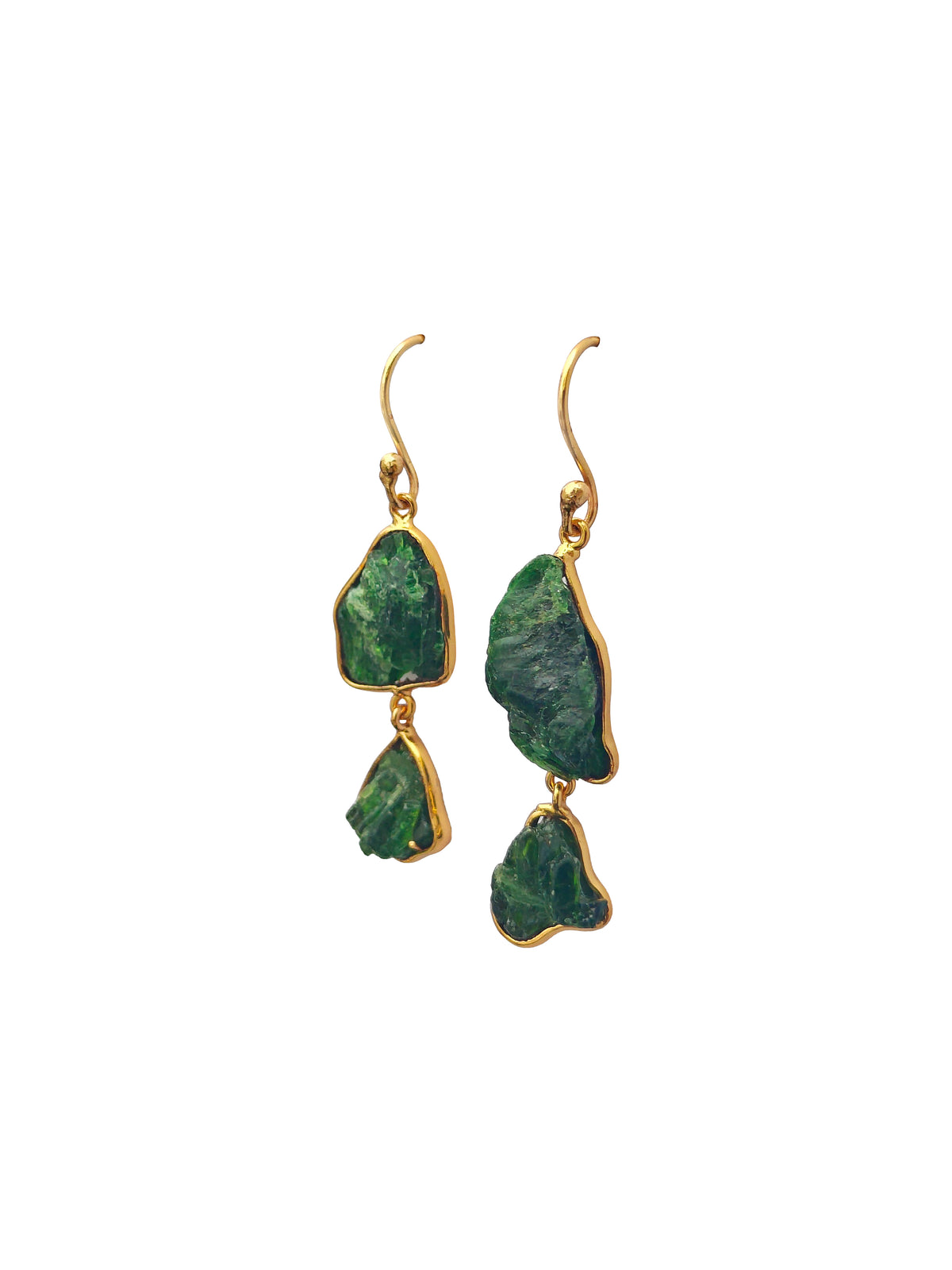 Marakatayugma | Raw Green Tourmaline Double-Slice Drop Earrings in 22k Gold Plated