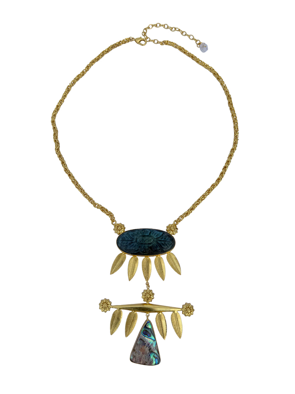 Indrashankhā Haar | Carved Labradorite & Abalone Shell Gold Feather Pendant Necklace in 22k Gold Plated