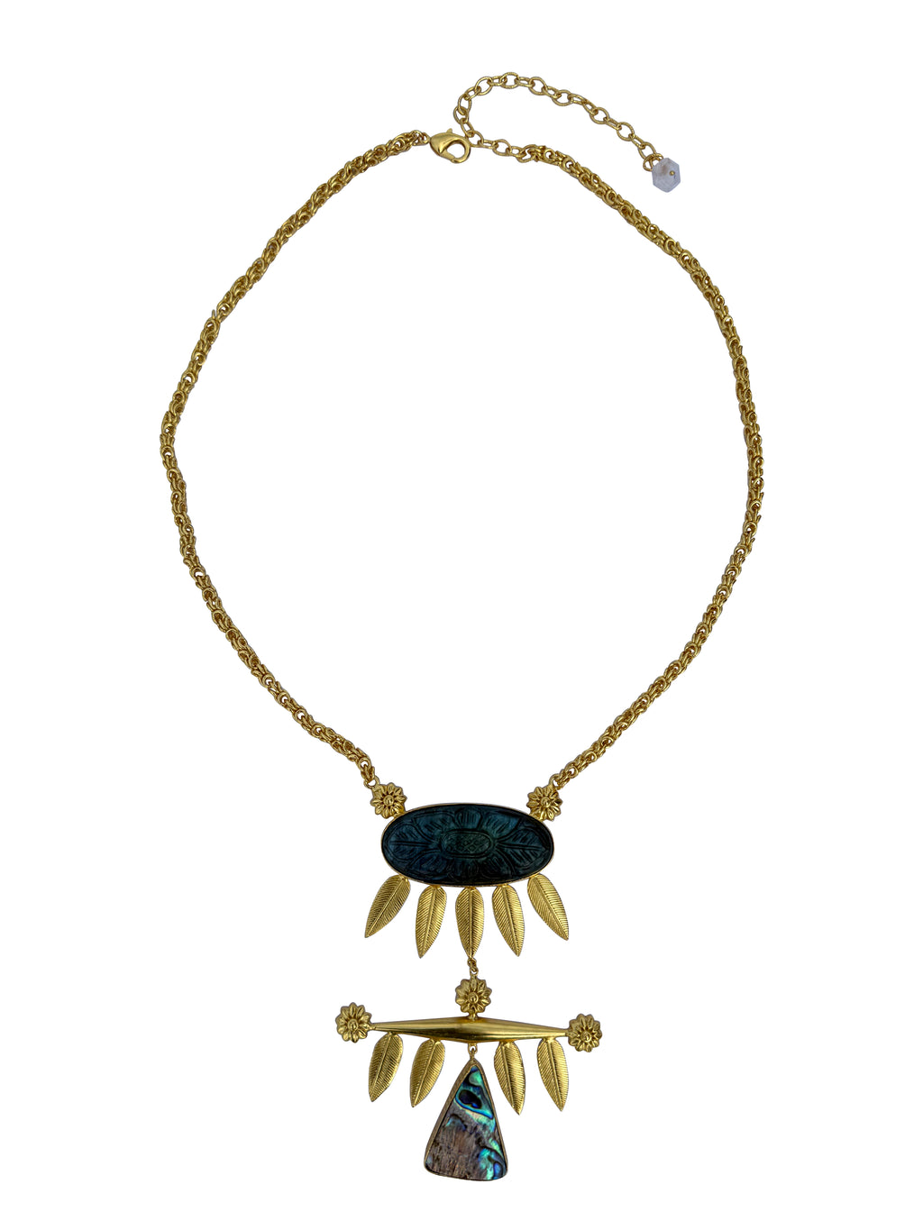 Indrashankhā Haar | Carved Labradorite & Abalone Shell Gold Feather Pendant Necklace in 22k Gold Plated