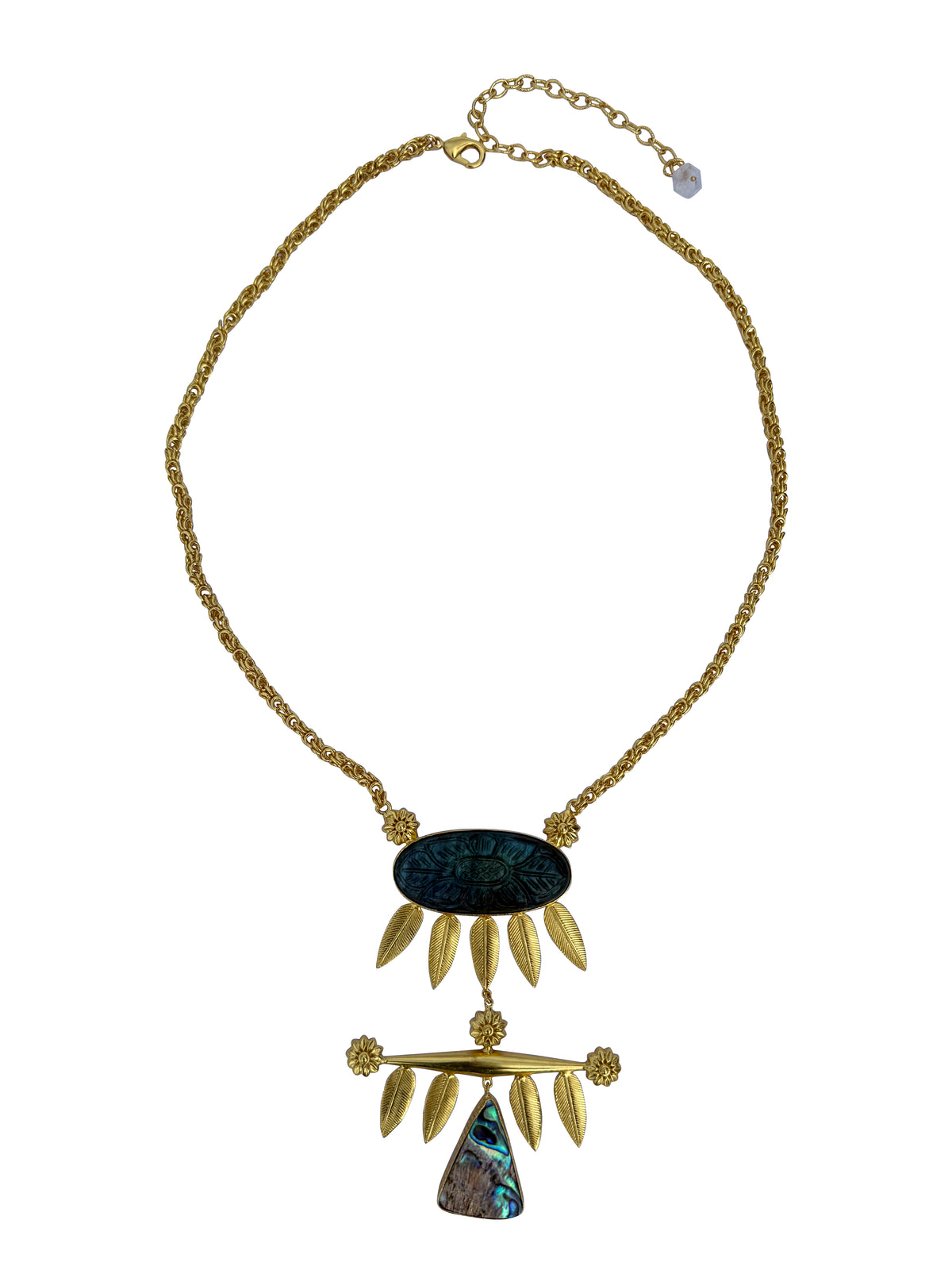 Indrashankhā Haar | Carved Labradorite & Abalone Shell Gold Feather Pendant Necklace in 22k Gold Plated