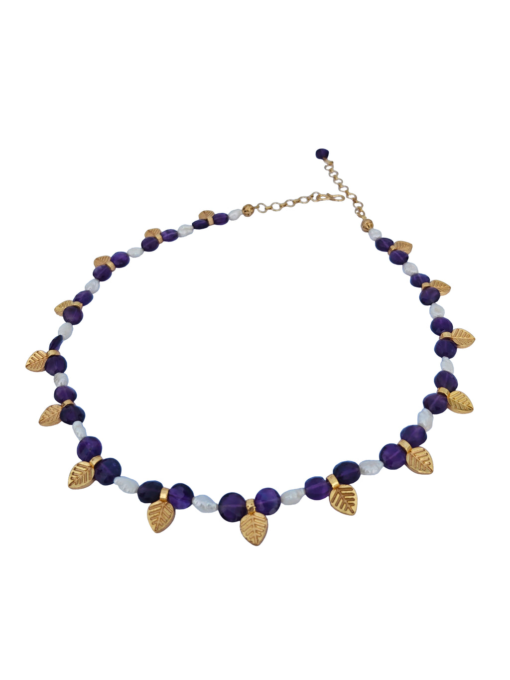 Jambuparni Haar | Amethyst & Freshwater Pearl Gold Leaf Charm Beaded Necklace