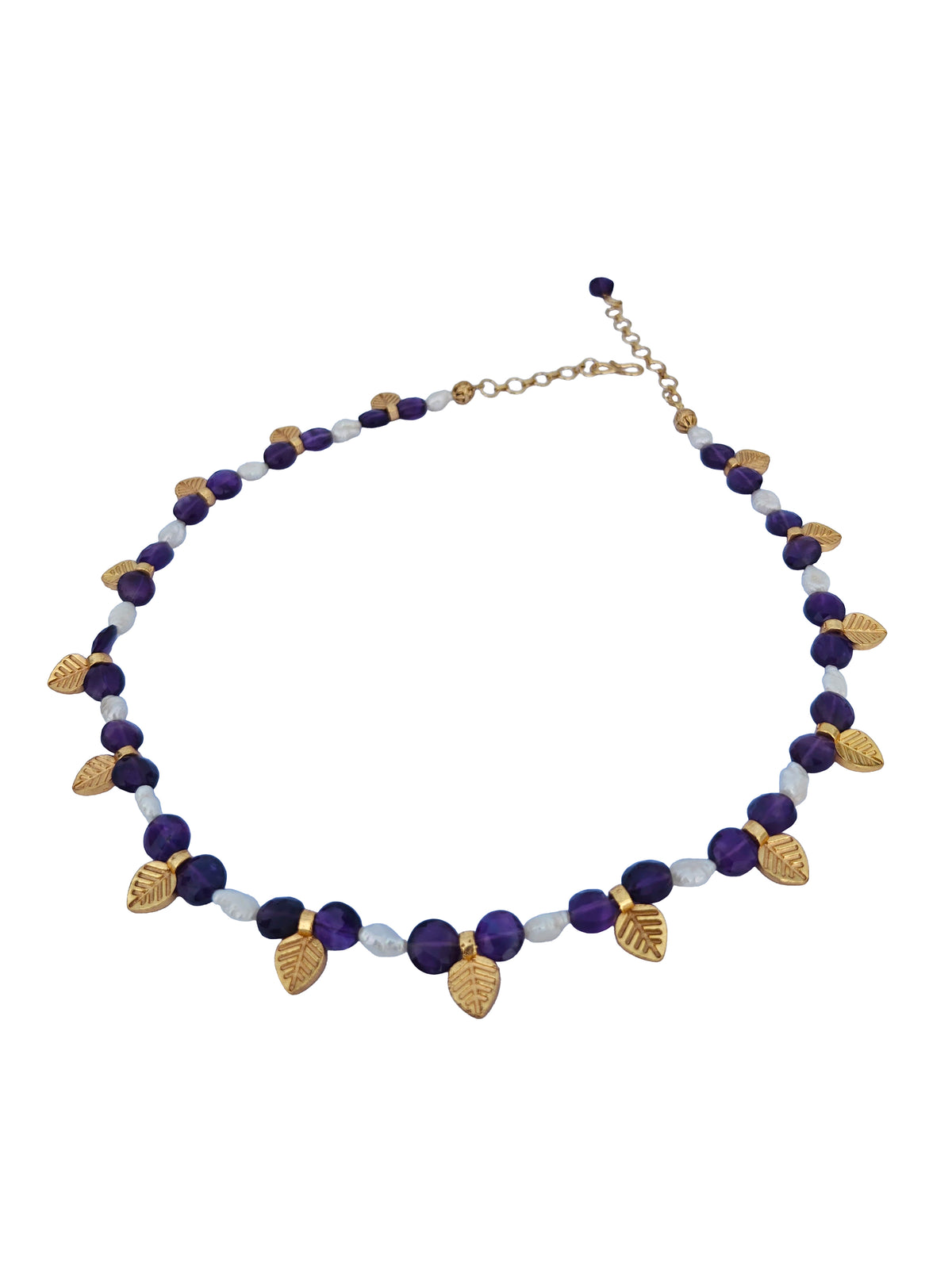 Jambuparni Haar | Amethyst & Freshwater Pearl Gold Leaf Charm Beaded Necklace