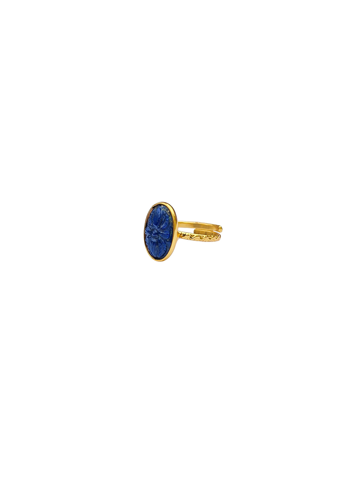 Nīlapadma | Lapis Lazuli Carved Floral Oval Cocktail Ring in 22k Gold Plated