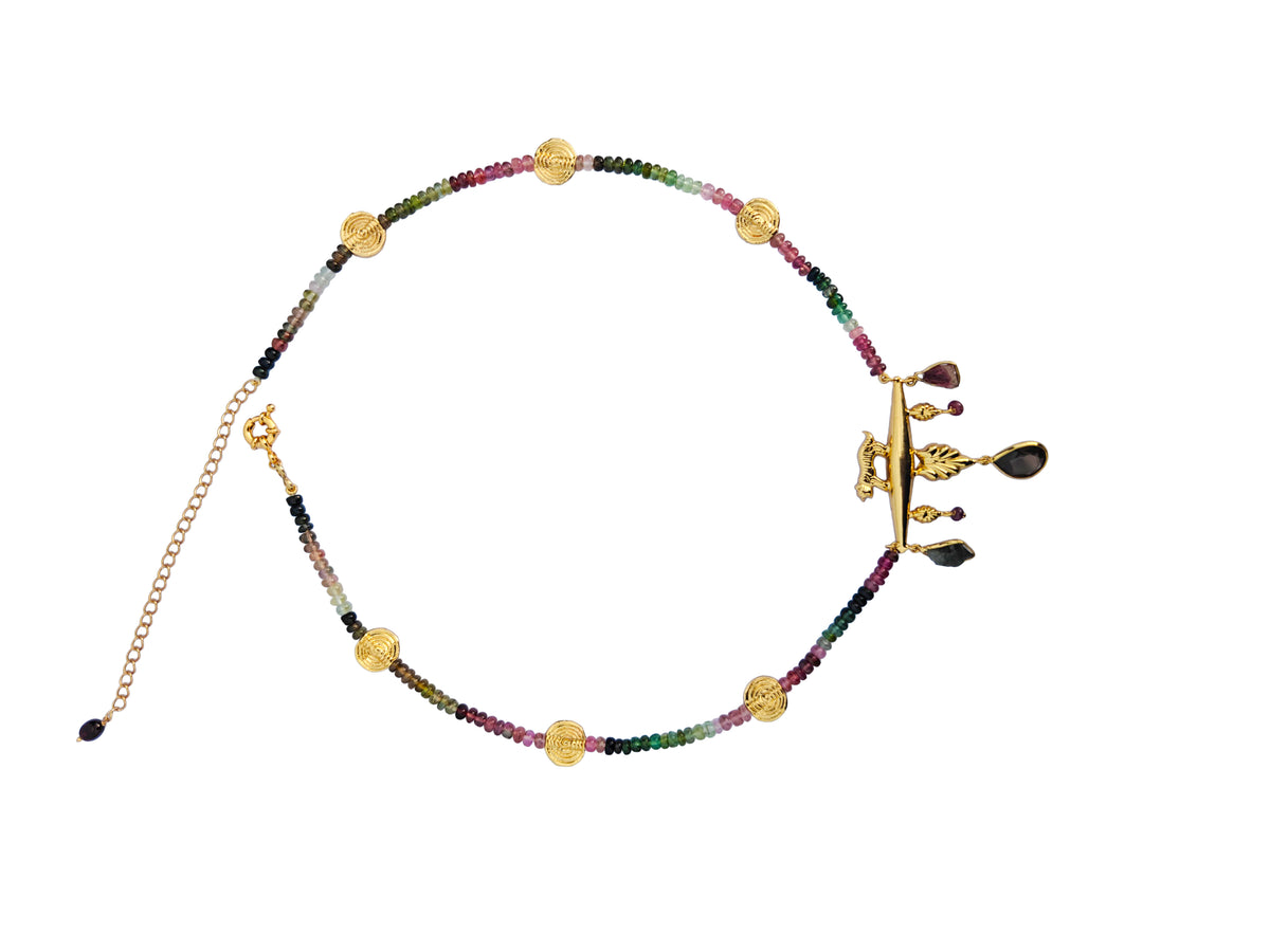 Vyāghramālā | Multi-Tourmaline, Smoky Quartz & Gold Tiger Pendant Necklace in 22k Gold Plated