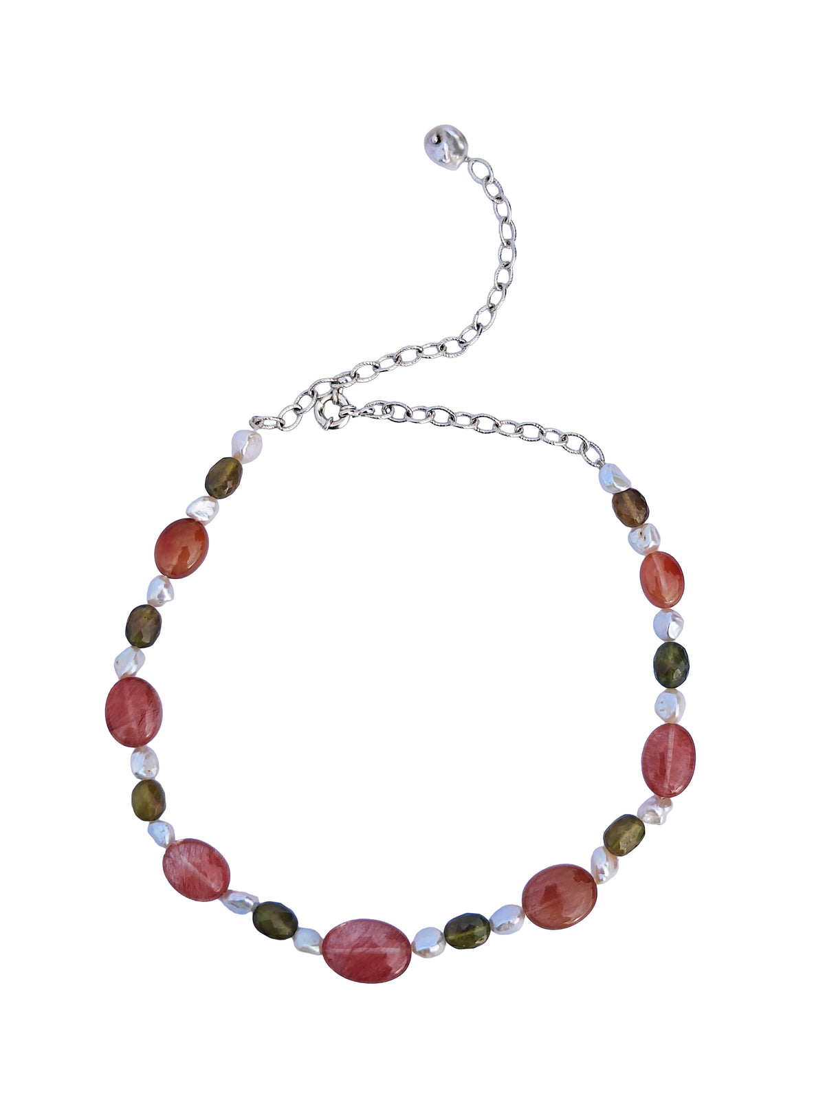 Triratnamālā | Green Sapphire, Rutile Quartz & Freshwater Pearl Beaded Necklace in 925 Silver Plated