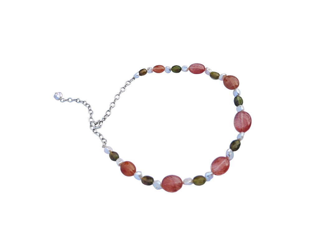 Triratnamālā | Green Sapphire, Rutile Quartz & Freshwater Pearl Beaded Necklace in 925 Silver Plated