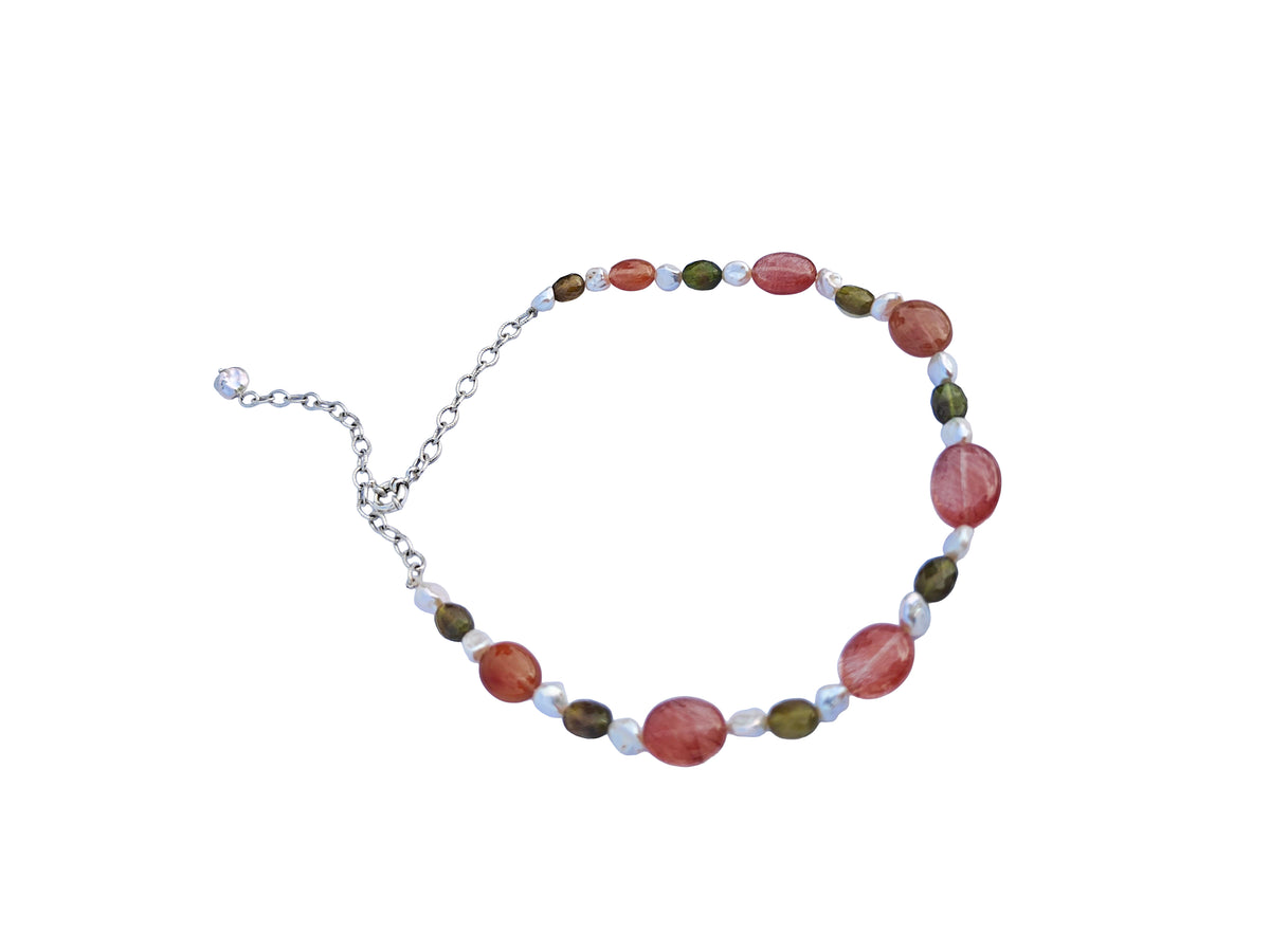 Triratnamālā | Green Sapphire, Rutile Quartz & Freshwater Pearl Beaded Necklace in 925 Silver Plated