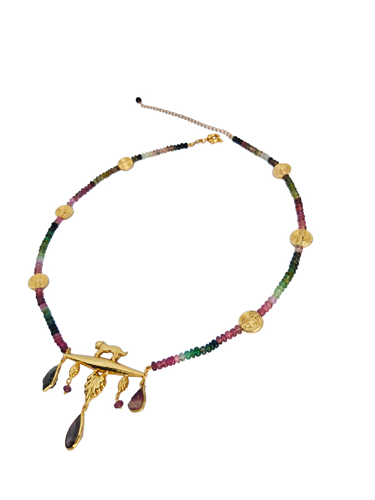 Vyāghramālā | Multi-Tourmaline, Smoky Quartz & Gold Tiger Pendant Necklace in 22k Gold Plated