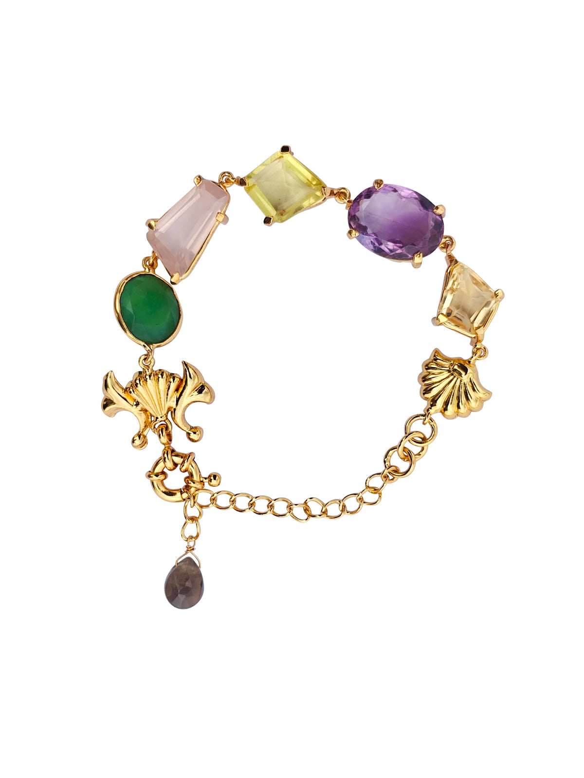 Pañcamaṇi | Serpentine, Rose Quartz, Lemon Quartz, Amethyst & Citrine Multi-Stone Gold Bracelet in 22k Gold Plated