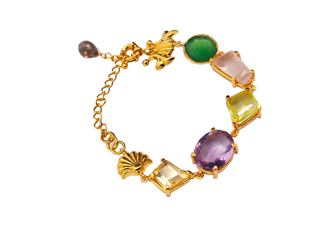 Pañcamaṇi | Serpentine, Rose Quartz, Lemon Quartz, Amethyst & Citrine Multi-Stone Gold Bracelet in 22k Gold Plated