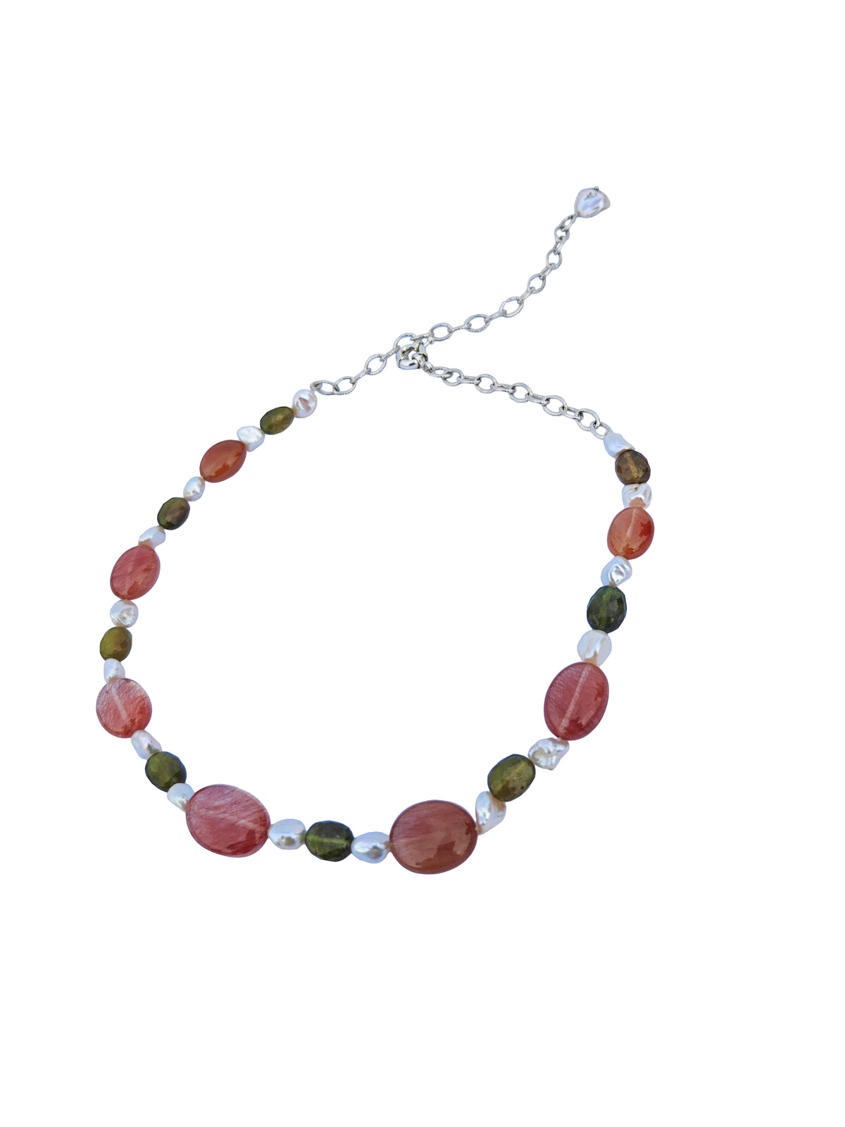 Triratnamālā | Green Sapphire, Rutile Quartz & Freshwater Pearl Beaded Necklace in 925 Silver Plated