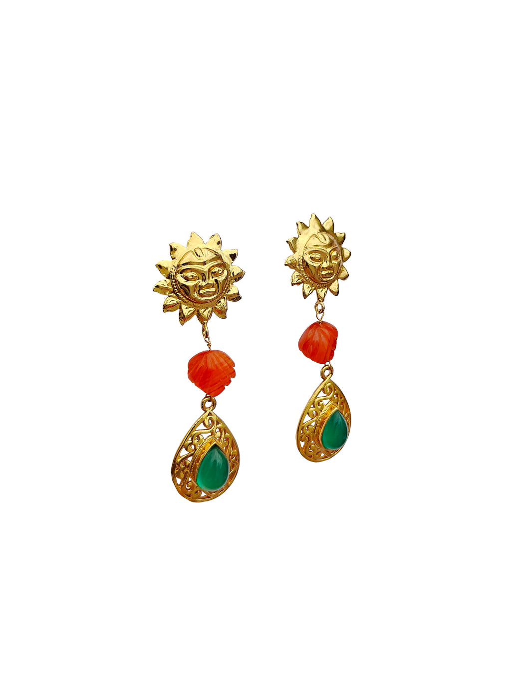 Suryamukhi | Carnelian & Green Onyx Gold Sun Face Filigree Drop Earrings in 22k Gold Plated