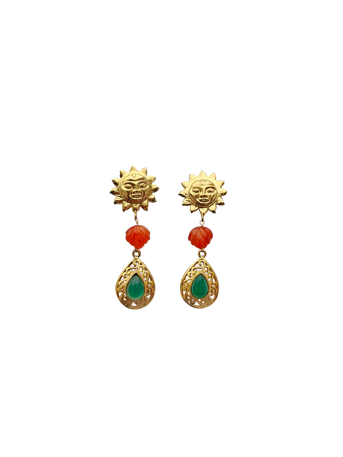 Suryamukhi | Carnelian & Green Onyx Gold Sun Face Filigree Drop Earrings in 22k Gold Plated