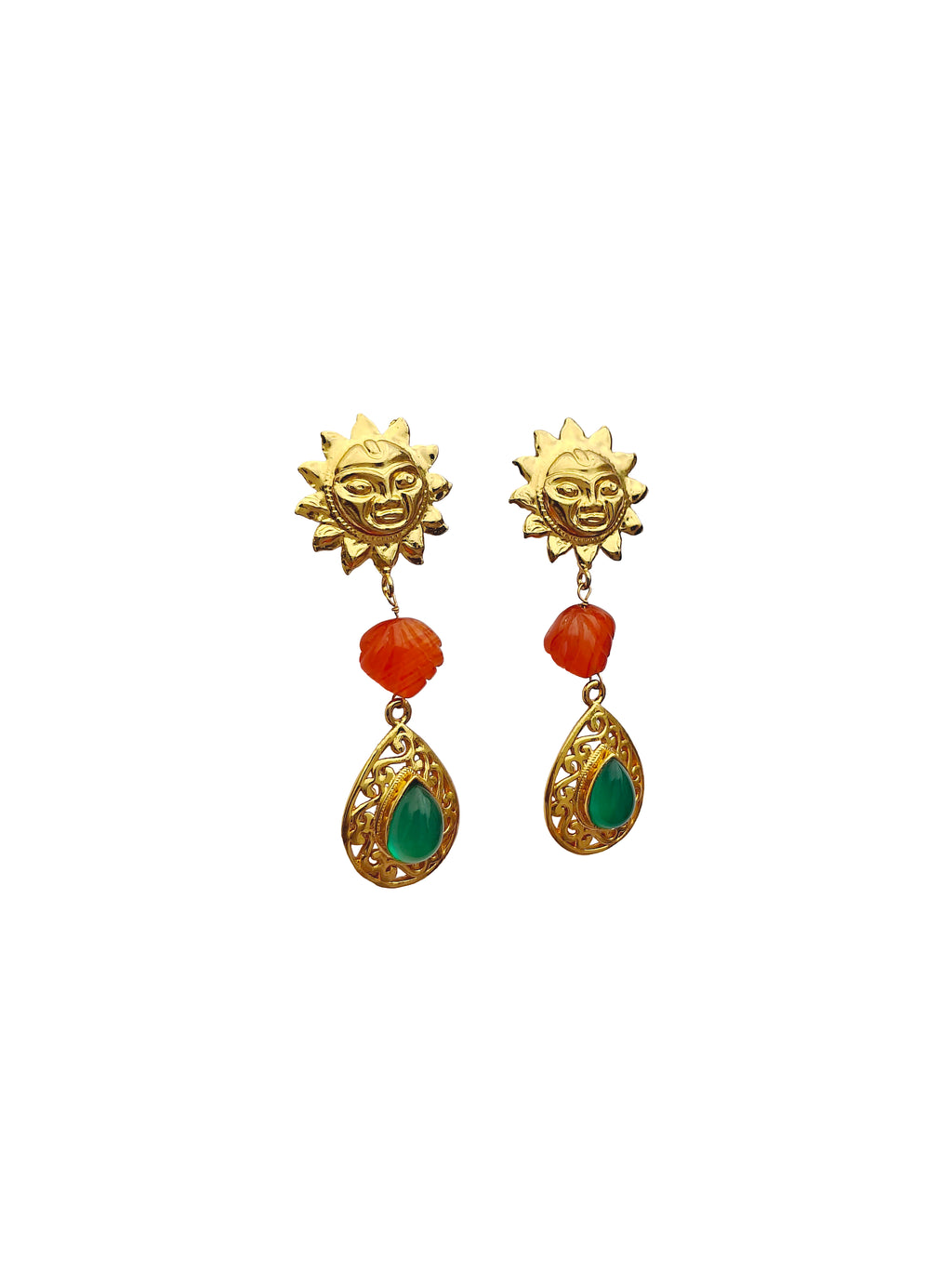 Suryamukhi | Carnelian & Green Onyx Gold Sun Face Filigree Drop Earrings in 22k Gold Plated